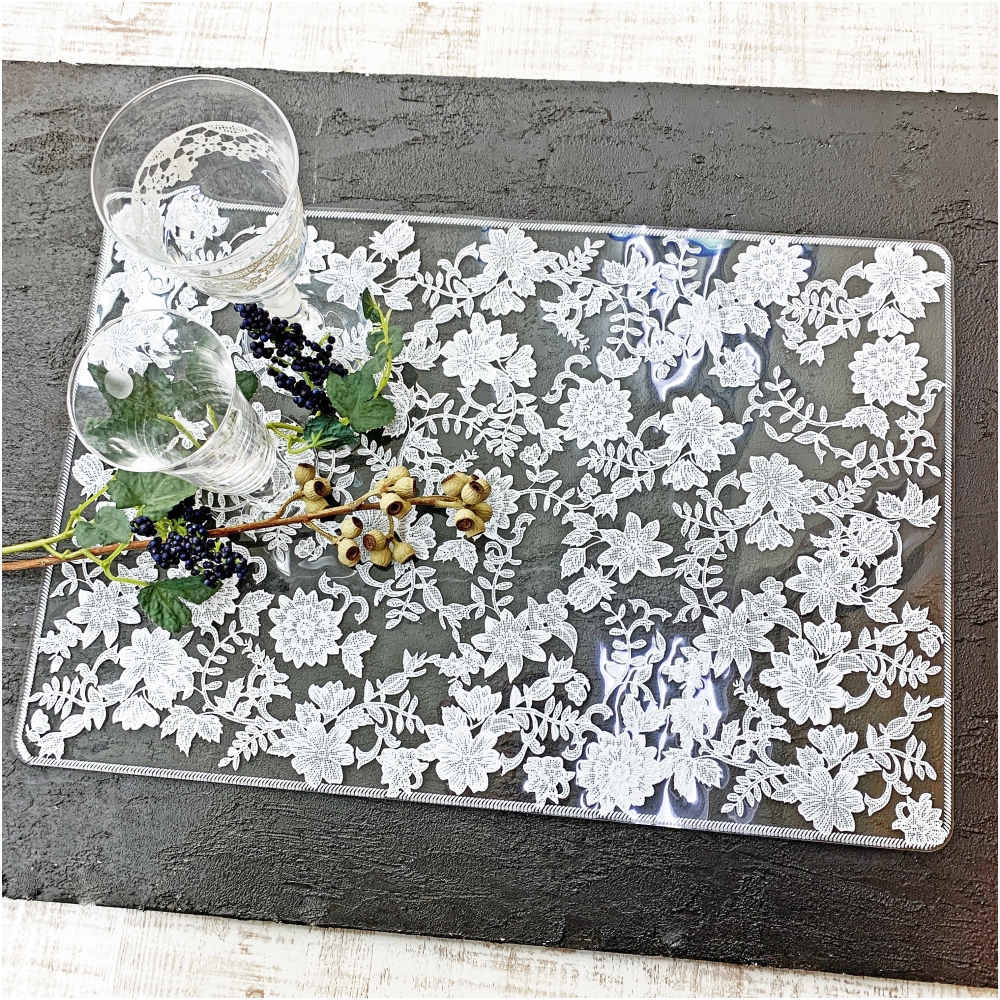 ランチョンマット 洗えるマット レースの刺しゅう風マット オシャレ カフェマット プレースマット ホワイト レキュタングラー 長方形マット マット 11502PM-WH