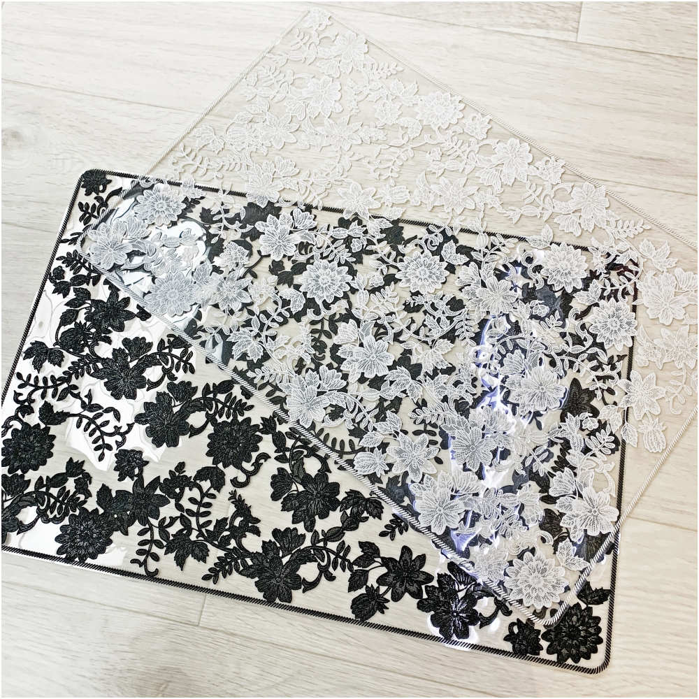 ランチョンマット 洗えるマット レースの刺しゅう風マット オシャレ カフェマット プレースマット ブラック レキュタングラー 長方形マット マット 11502PM-BK