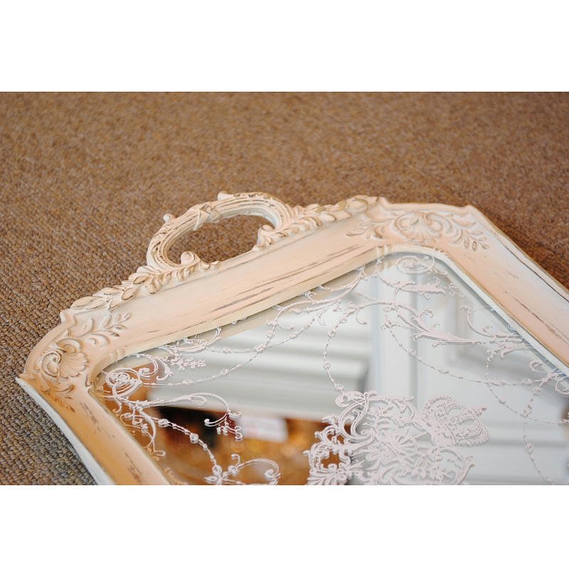 トレイ ミラートレイ オシャレ トレー フレンチホワイト ディスプレイトレイ シャビーシック クラシック お盆 レキュタングラー 雑貨 姫系 フレンチ 1383067