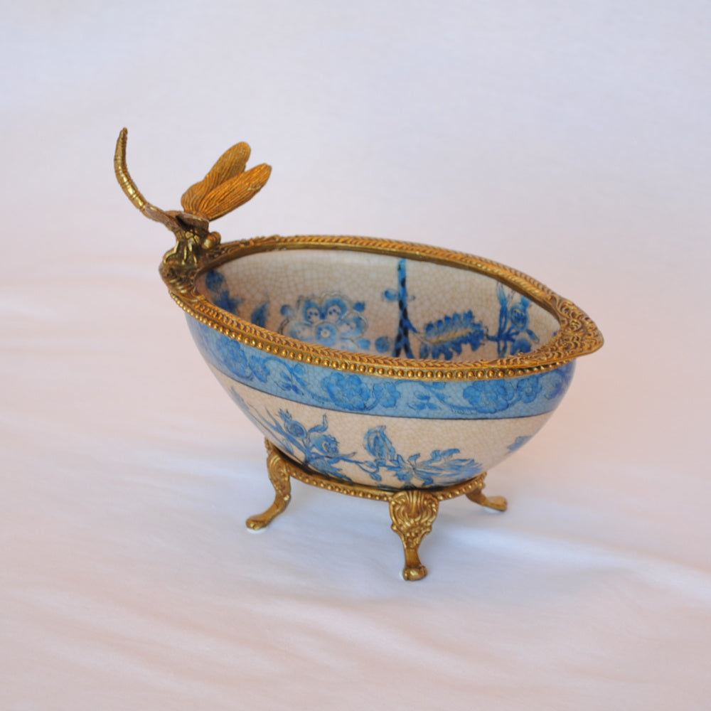 コンポート トンボ 陶磁器 真鍮 小物入れ 脚付き 雑貨 ソープディッシュ アンティーク調 シノワズリー 収納箱 インテリア雑貨 1564000