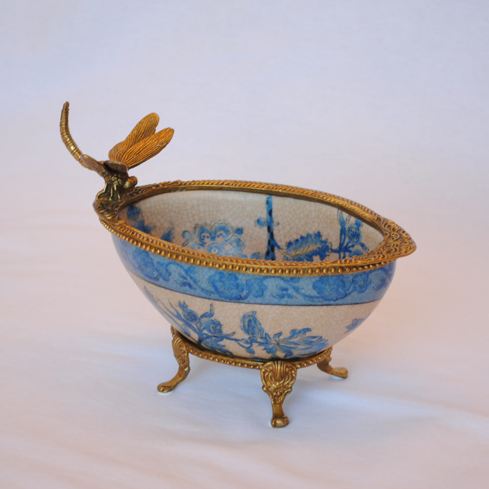 コンポート トンボ 陶磁器 真鍮 小物入れ 脚付き 雑貨 ソープディッシュ アンティーク調 シノワズリー 収納箱 インテリア雑貨 1564000