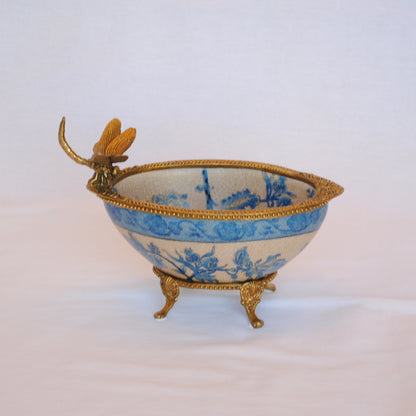 コンポート トンボ 陶磁器 真鍮 小物入れ 脚付き 雑貨 ソープディッシュ アンティーク調 シノワズリー 収納箱 インテリア雑貨 1564000