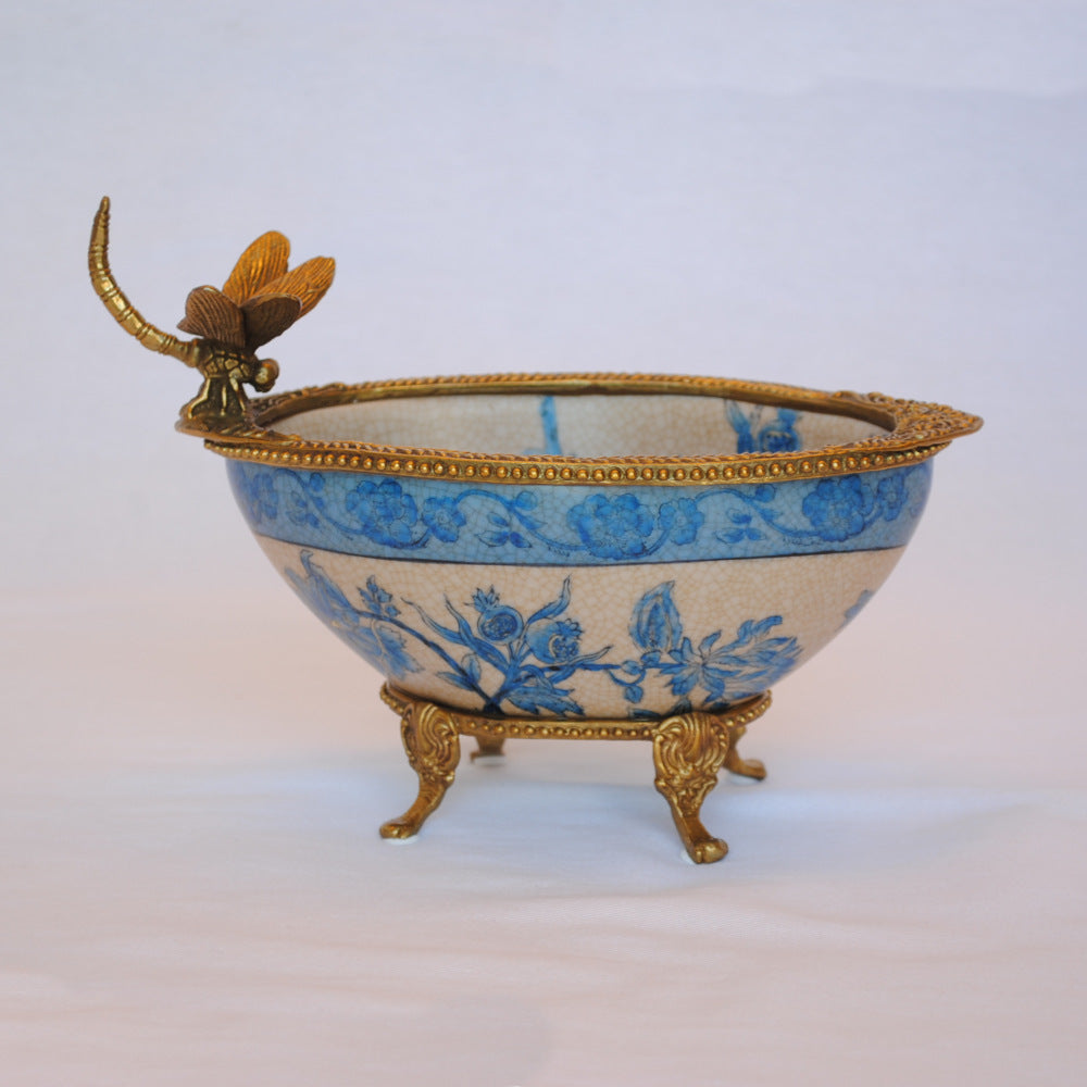 コンポート トンボ 陶磁器 真鍮 小物入れ 脚付き 雑貨 ソープディッシュ アンティーク調 シノワズリー 収納箱 インテリア雑貨 1564000