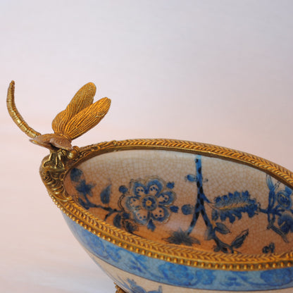 コンポート トンボ 陶磁器 真鍮 小物入れ 脚付き 雑貨 ソープディッシュ アンティーク調 シノワズリー 収納箱 インテリア雑貨 1564000