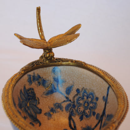 コンポート トンボ 陶磁器 真鍮 小物入れ 脚付き 雑貨 ソープディッシュ アンティーク調 シノワズリー 収納箱 インテリア雑貨 1564000
