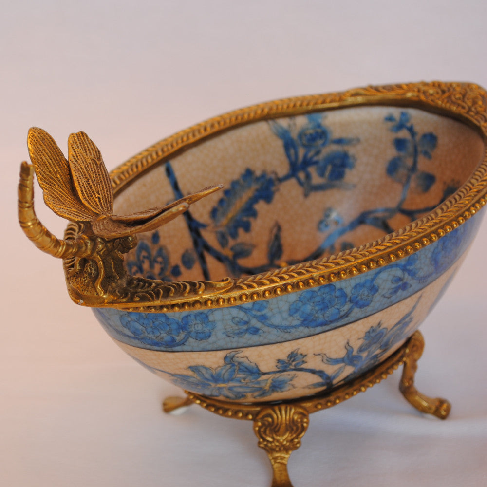 コンポート トンボ 陶磁器 真鍮 小物入れ 脚付き 雑貨 ソープディッシュ アンティーク調 シノワズリー 収納箱 インテリア雑貨 1564000