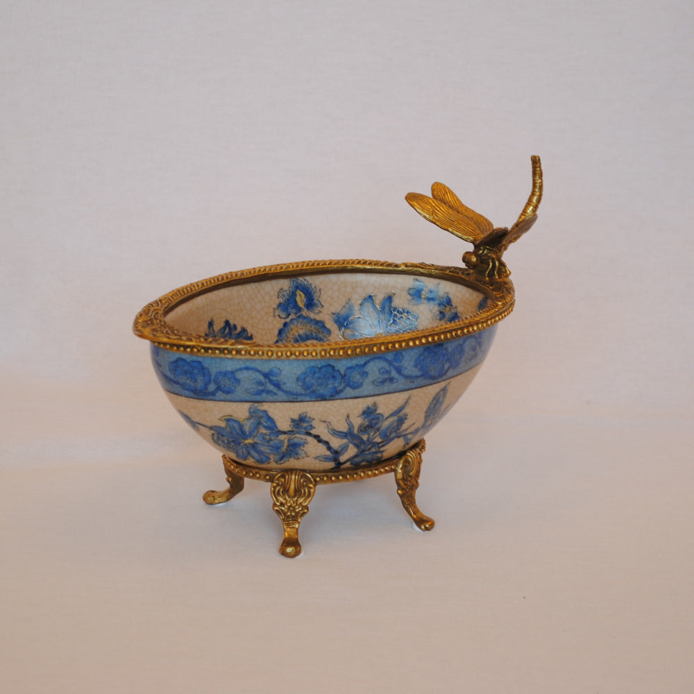 コンポート トンボ 陶磁器 真鍮 小物入れ 脚付き 雑貨 ソープディッシュ アンティーク調 シノワズリー 収納箱 インテリア雑貨 1564000