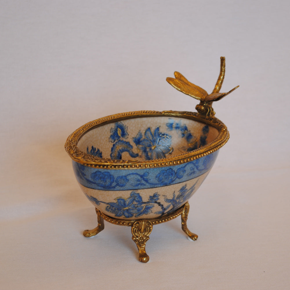 コンポート トンボ 陶磁器 真鍮 小物入れ 脚付き 雑貨 ソープディッシュ アンティーク調 シノワズリー 収納箱 インテリア雑貨 1564000