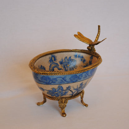 コンポート トンボ 陶磁器 真鍮 小物入れ 脚付き 雑貨 ソープディッシュ アンティーク調 シノワズリー 収納箱 インテリア雑貨 1564000