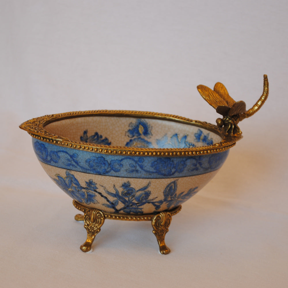 コンポート トンボ 陶磁器 真鍮 小物入れ 脚付き 雑貨 ソープディッシュ アンティーク調 シノワズリー 収納箱 インテリア雑貨 1564000