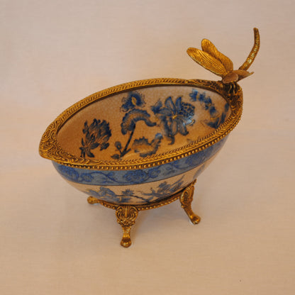 コンポート トンボ 陶磁器 真鍮 小物入れ 脚付き 雑貨 ソープディッシュ アンティーク調 シノワズリー 収納箱 インテリア雑貨 1564000