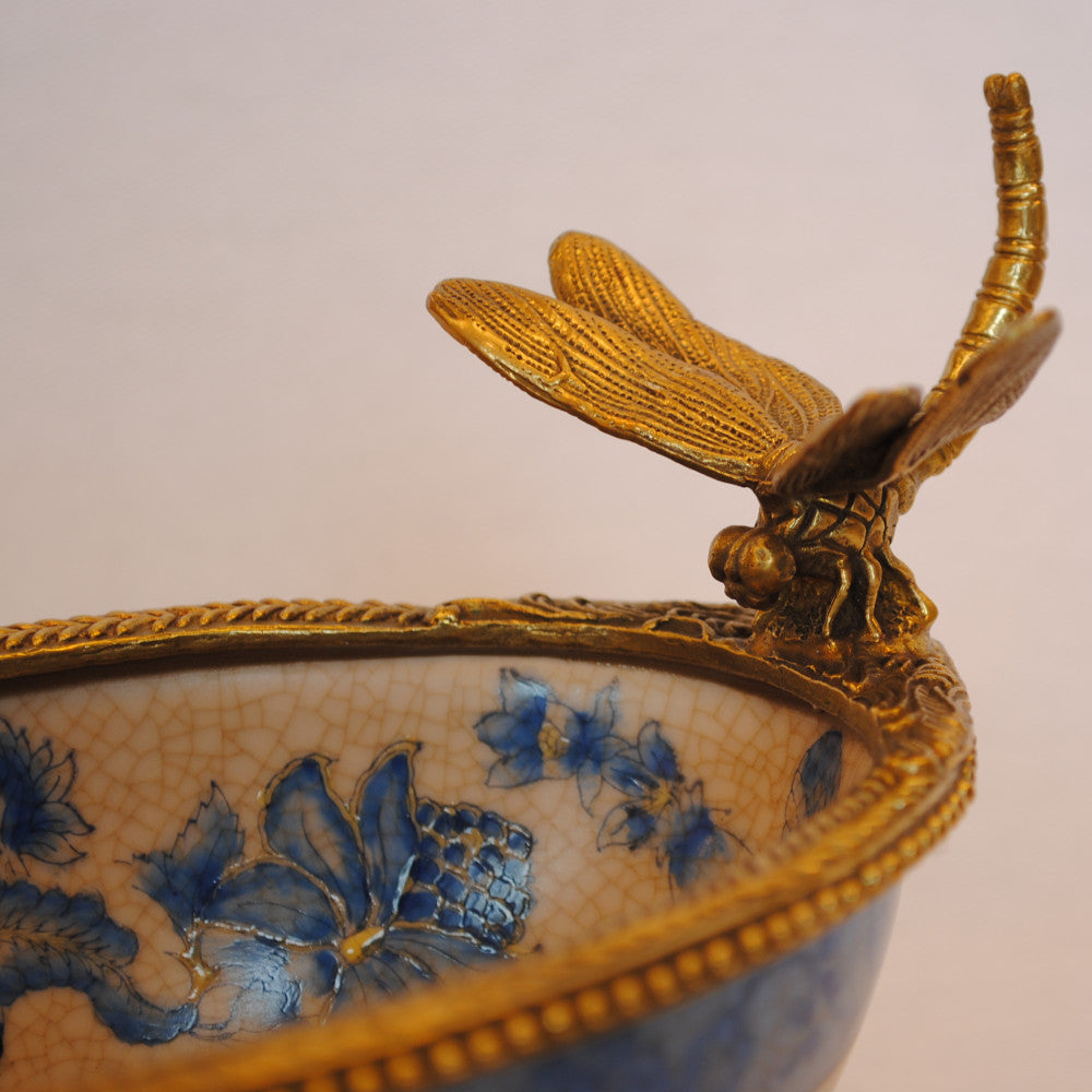 コンポート トンボ 陶磁器 真鍮 小物入れ 脚付き 雑貨 ソープディッシュ アンティーク調 シノワズリー 収納箱 インテリア雑貨 1564000