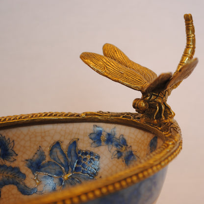 コンポート トンボ 陶磁器 真鍮 小物入れ 脚付き 雑貨 ソープディッシュ アンティーク調 シノワズリー 収納箱 インテリア雑貨 1564000