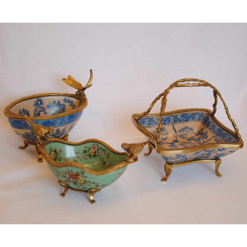 コンポート トンボ 陶磁器 真鍮 小物入れ 脚付き 雑貨 ソープディッシュ アンティーク調 シノワズリー 収納箱 インテリア雑貨 1564000