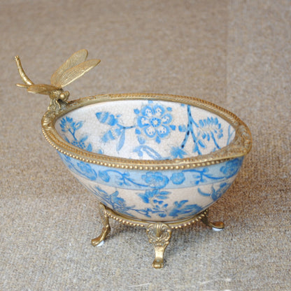 コンポート トンボ 陶磁器 真鍮 小物入れ 脚付き 雑貨 ソープディッシュ アンティーク調 シノワズリー 収納箱 インテリア雑貨 1564000