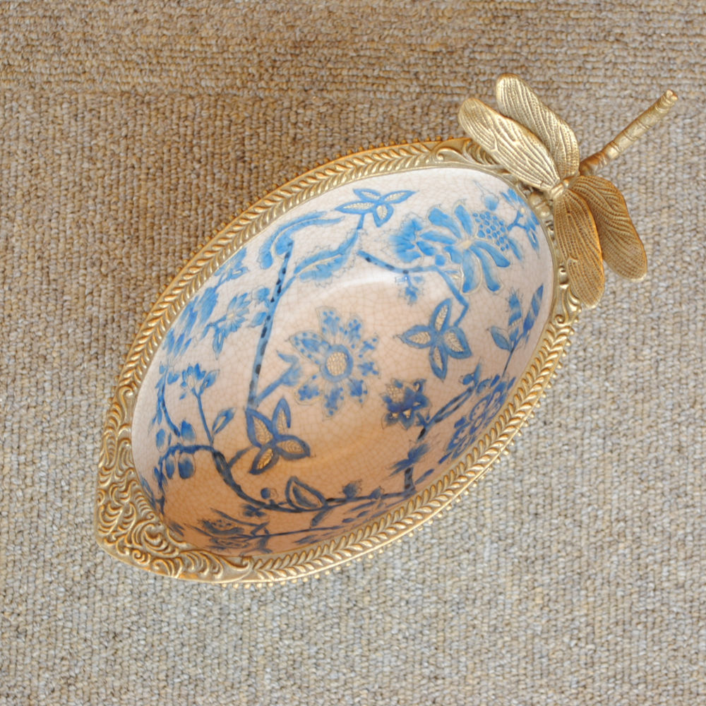 コンポート トンボ 陶磁器 真鍮 小物入れ 脚付き 雑貨 ソープディッシュ アンティーク調 シノワズリー 収納箱 インテリア雑貨 1564000