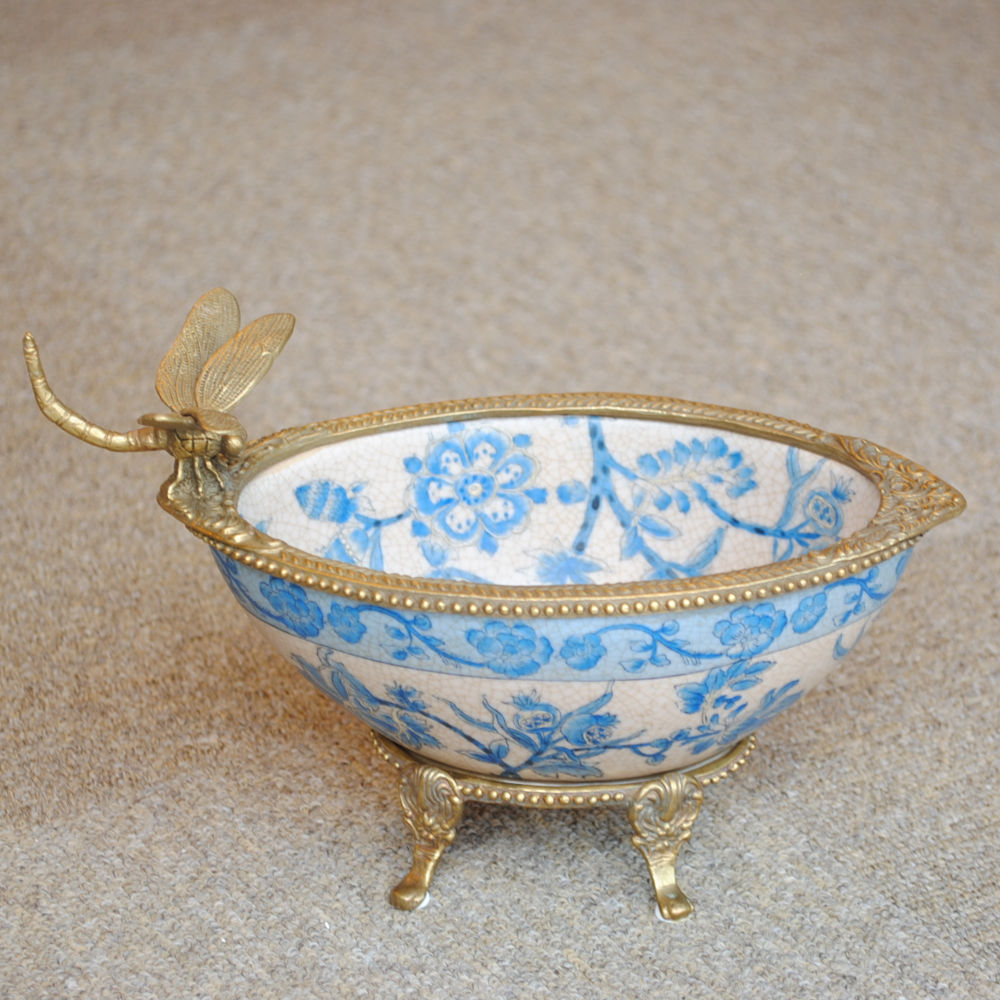 コンポート トンボ 陶磁器 真鍮 小物入れ 脚付き 雑貨 ソープディッシュ アンティーク調 シノワズリー 収納箱 インテリア雑貨 1564000