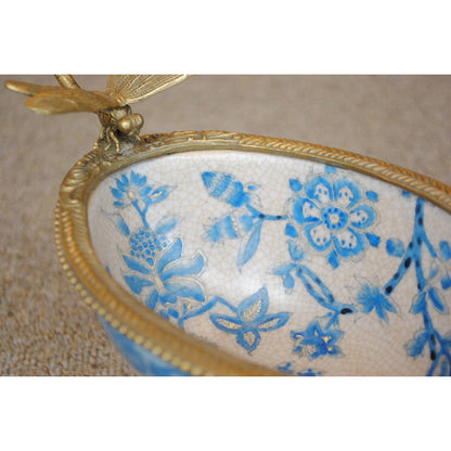 コンポート トンボ 陶磁器 真鍮 小物入れ 脚付き 雑貨 ソープディッシュ アンティーク調 シノワズリー 収納箱 インテリア雑貨 1564000