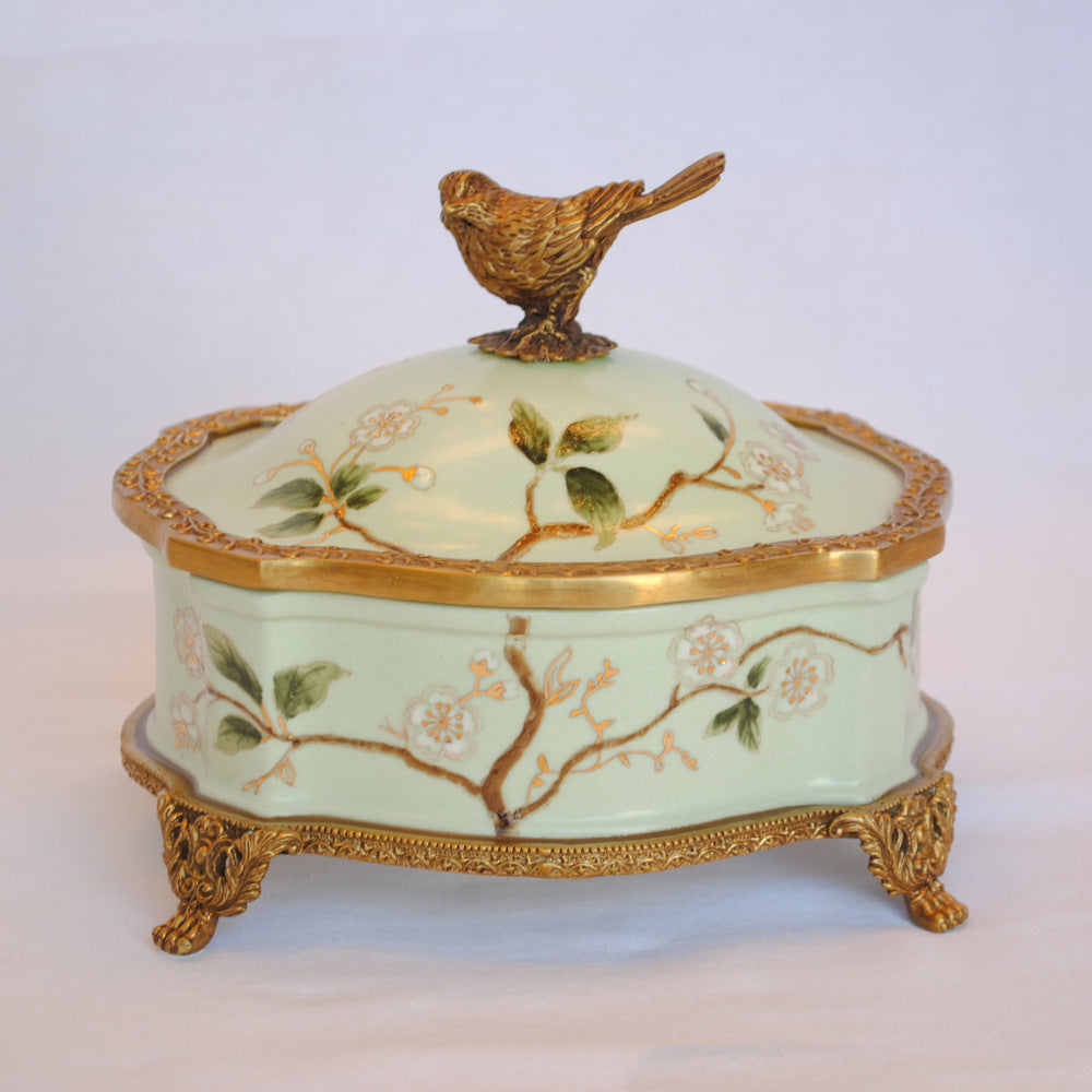 ボックス BOX 陶磁器 真鍮 小物入れ 脚付き 雑貨 アクセサリーボックス アンティーク調 シノワズリー 収納箱 インテリア雑貨 1564031