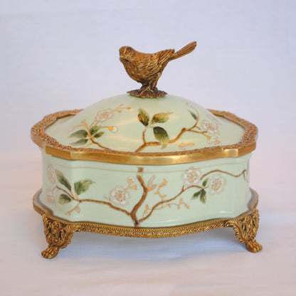 ボックス BOX 陶磁器 真鍮 小物入れ 脚付き 雑貨 アクセサリーボックス アンティーク調 シノワズリー 収納箱 インテリア雑貨 1564031