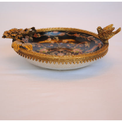 プレート お皿 丸皿 コンポート 鳥 陶磁器 真鍮 小物入れ 雑貨 丸 円 アンティーク調 シノワズリー 菓子器 インテリア雑貨 1564034