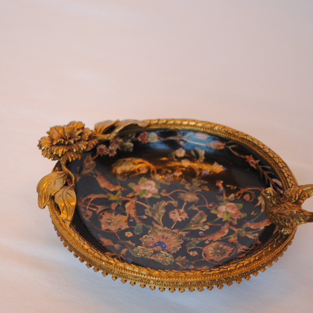 プレート お皿 丸皿 コンポート 鳥 陶磁器 真鍮 小物入れ 雑貨 丸 円 アンティーク調 シノワズリー 菓子器 インテリア雑貨 1564034