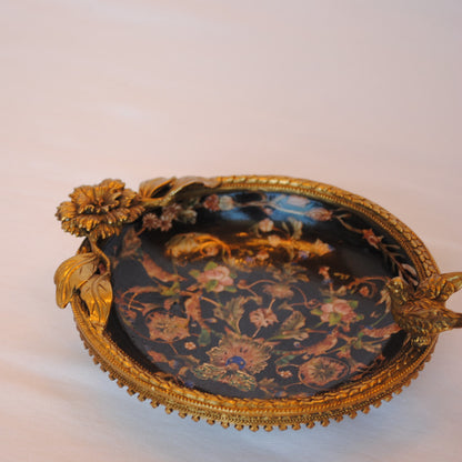 プレート お皿 丸皿 コンポート 鳥 陶磁器 真鍮 小物入れ 雑貨 丸 円 アンティーク調 シノワズリー 菓子器 インテリア雑貨 1564034