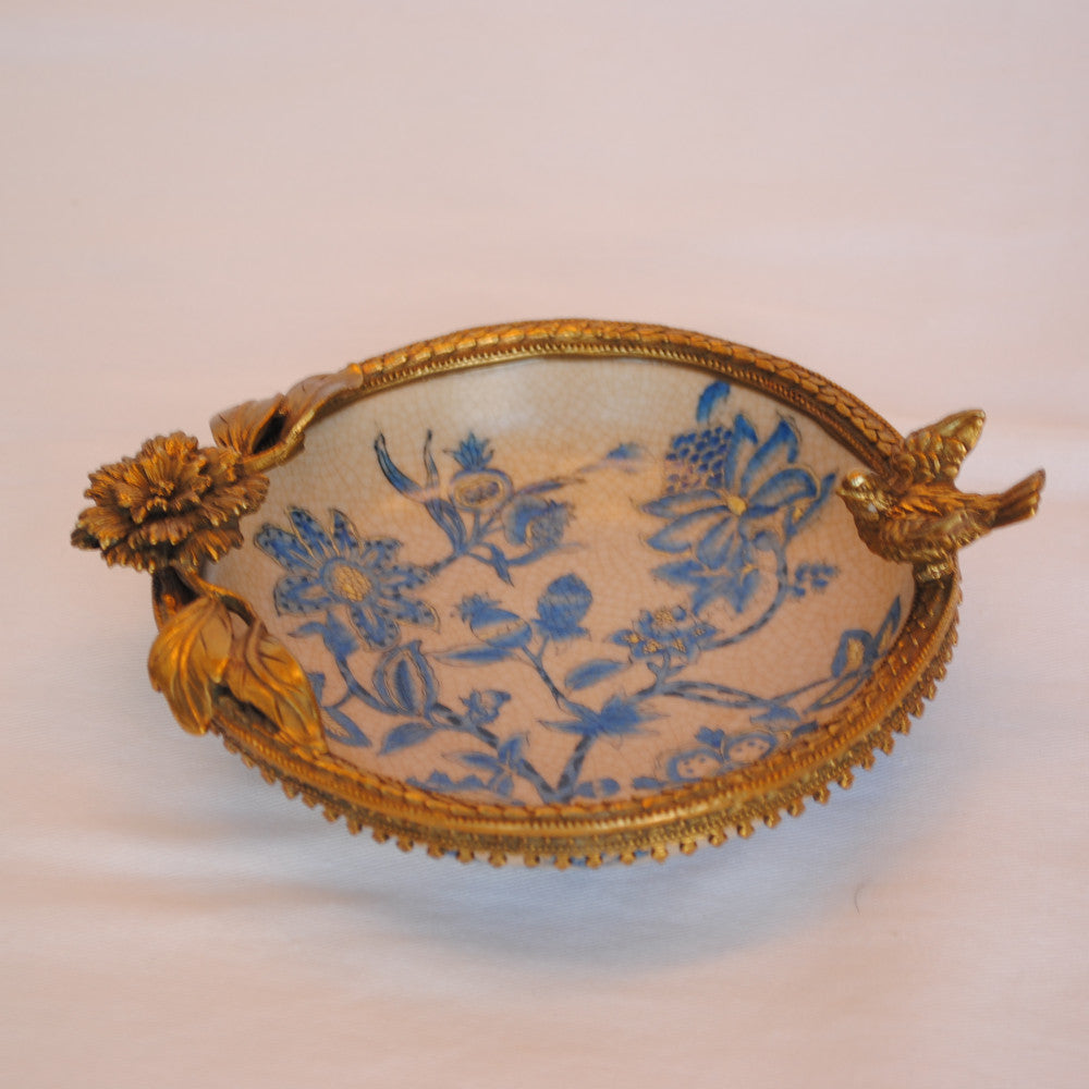 プレート お皿 丸皿 コンポート 鳥 陶磁器 真鍮 小物入れ 雑貨 丸 円 アンティーク調 シノワズリー 菓子器 インテリア雑貨 1564035