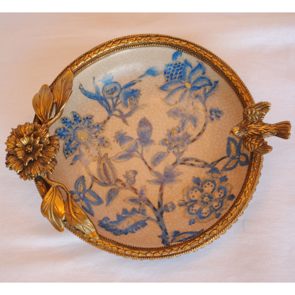 プレート お皿 丸皿 コンポート 鳥 陶磁器 真鍮 小物入れ 雑貨 丸 円 アンティーク調 シノワズリー 菓子器 インテリア雑貨 1564035