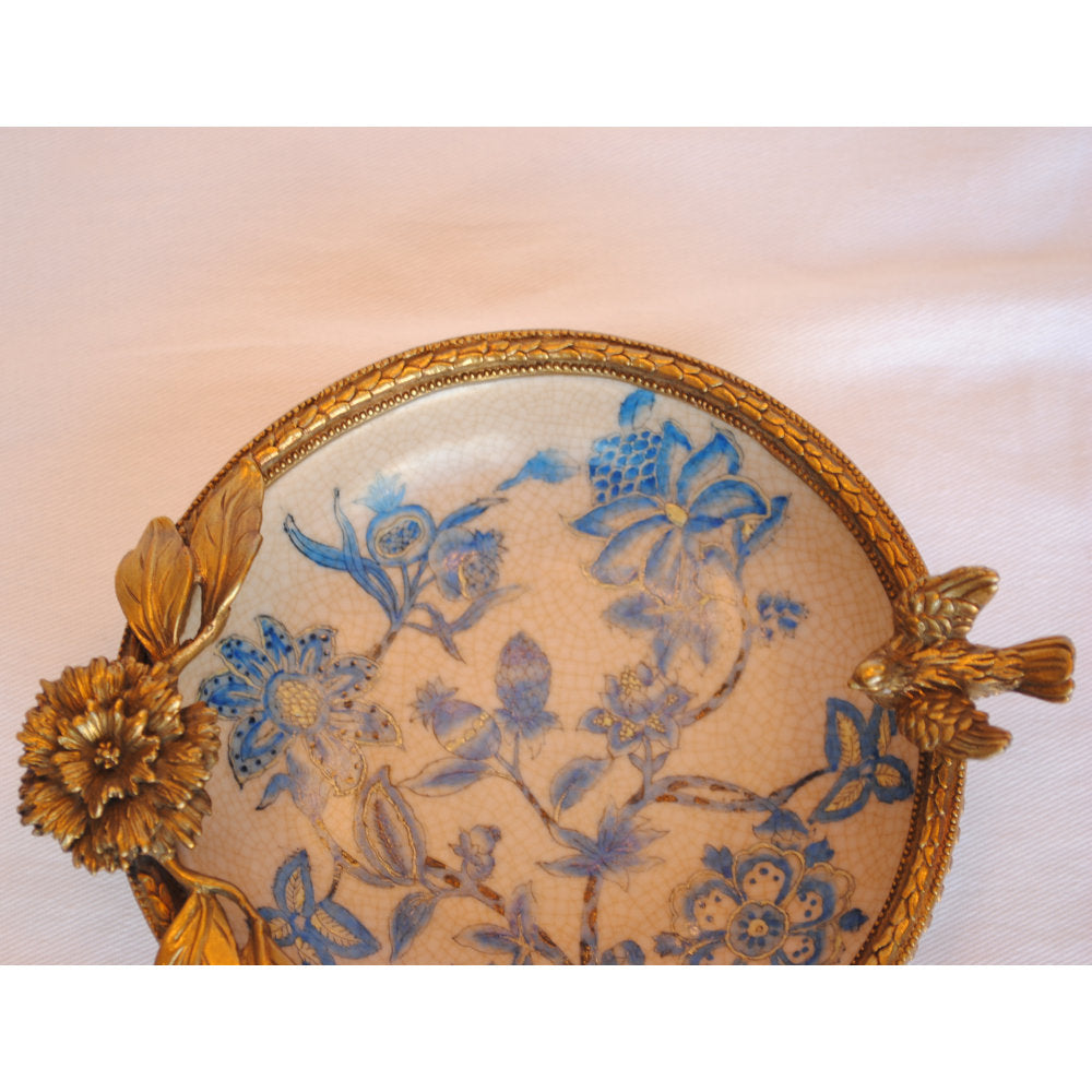 プレート お皿 丸皿 コンポート 鳥 陶磁器 真鍮 小物入れ 雑貨 丸 円 アンティーク調 シノワズリー 菓子器 インテリア雑貨 1564035