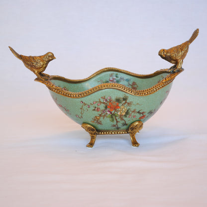 コンポート 鳥 陶磁器 真鍮 小物入れ 脚付き 雑貨 オーバル 楕円 アンティーク調 シノワズリー 菓子器 インテリア雑貨 1564036