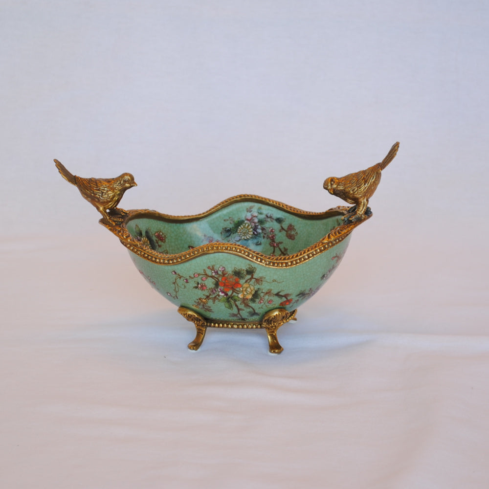 コンポート 鳥 陶磁器 真鍮 小物入れ 脚付き 雑貨 オーバル 楕円 アンティーク調 シノワズリー 菓子器 インテリア雑貨 1564036