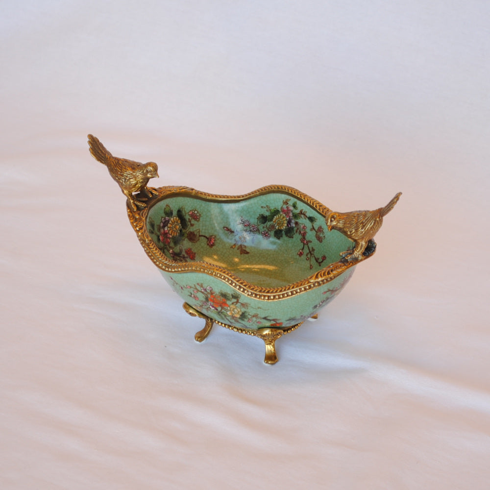 コンポート 鳥 陶磁器 真鍮 小物入れ 脚付き 雑貨 オーバル 楕円 アンティーク調 シノワズリー 菓子器 インテリア雑貨 1564036