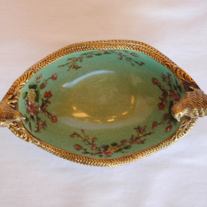 コンポート 鳥 陶磁器 真鍮 小物入れ 脚付き 雑貨 オーバル 楕円 アンティーク調 シノワズリー 菓子器 インテリア雑貨 1564036