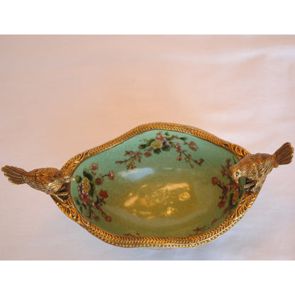 コンポート 鳥 陶磁器 真鍮 小物入れ 脚付き 雑貨 オーバル 楕円 アンティーク調 シノワズリー 菓子器 インテリア雑貨 1564036