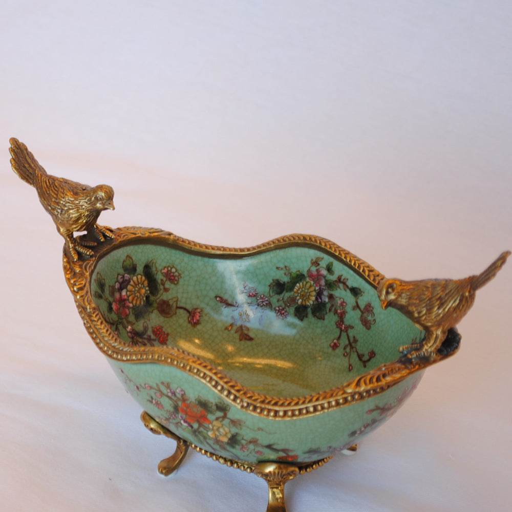 コンポート 鳥 陶磁器 真鍮 小物入れ 脚付き 雑貨 オーバル 楕円 アンティーク調 シノワズリー 菓子器 インテリア雑貨 1564036