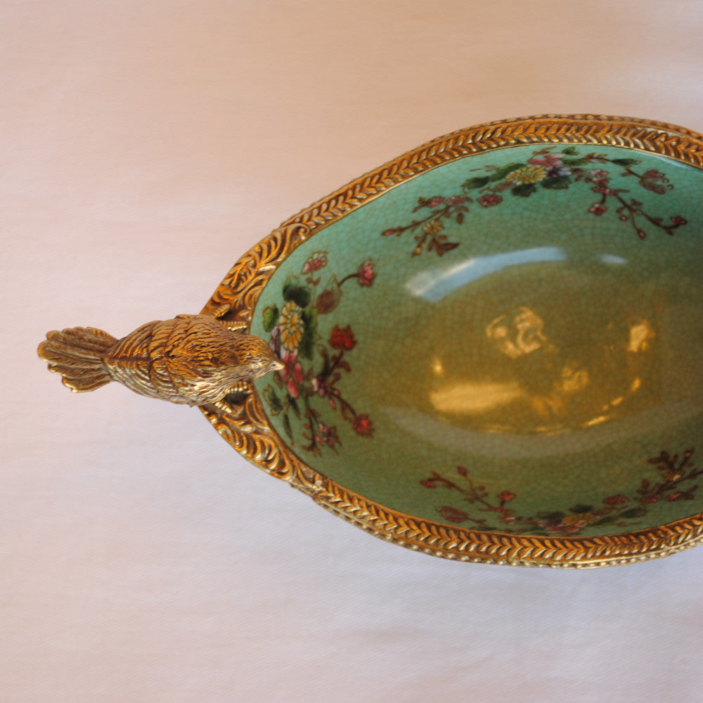 コンポート 鳥 陶磁器 真鍮 小物入れ 脚付き 雑貨 オーバル 楕円 アンティーク調 シノワズリー 菓子器 インテリア雑貨 1564036