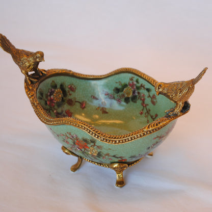 コンポート 鳥 陶磁器 真鍮 小物入れ 脚付き 雑貨 オーバル 楕円 アンティーク調 シノワズリー 菓子器 インテリア雑貨 1564036
