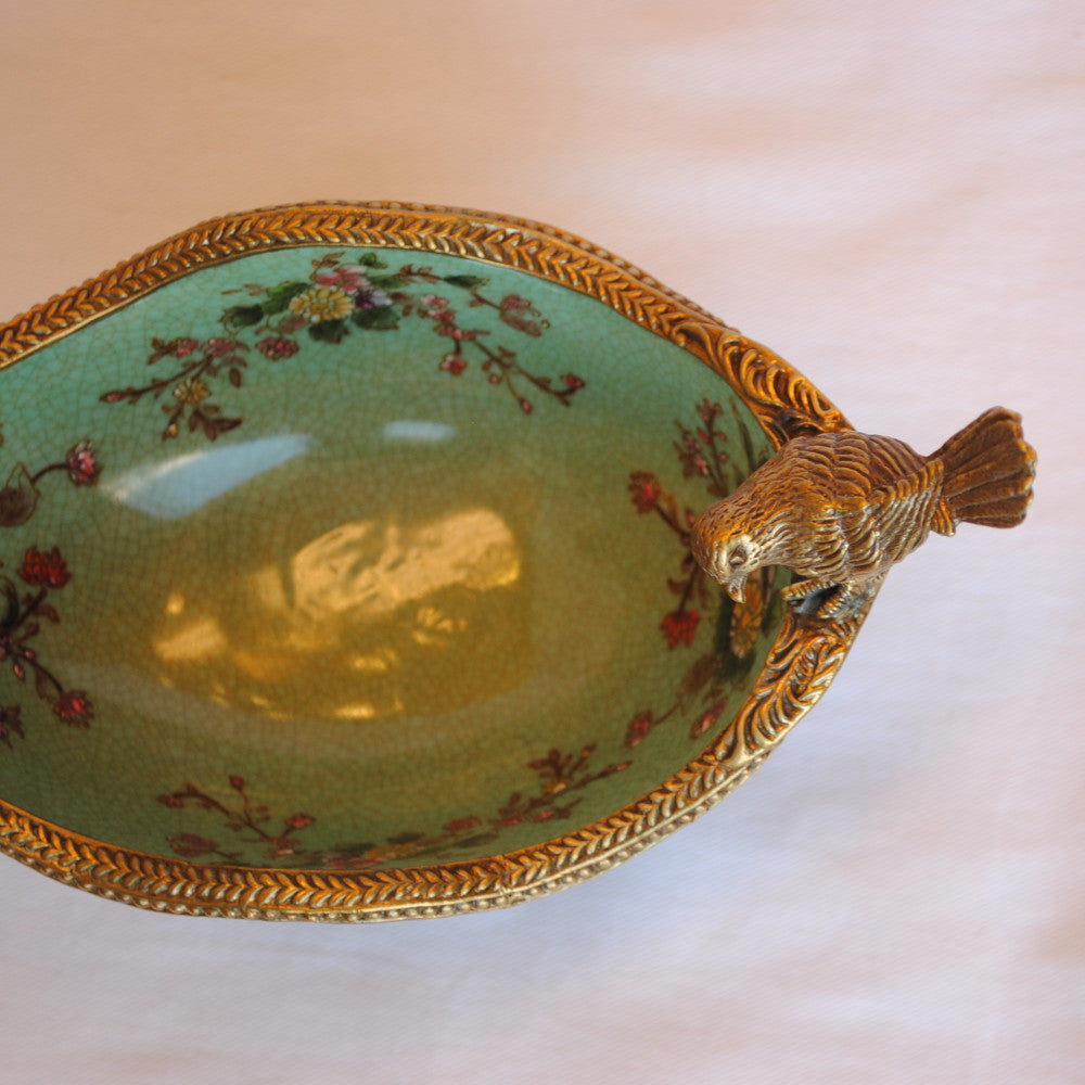 コンポート 鳥 陶磁器 真鍮 小物入れ 脚付き 雑貨 オーバル 楕円 アンティーク調 シノワズリー 菓子器 インテリア雑貨 1564036