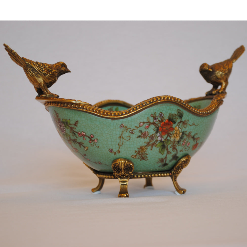 コンポート 鳥 陶磁器 真鍮 小物入れ 脚付き 雑貨 オーバル 楕円 アンティーク調 シノワズリー 菓子器 インテリア雑貨 1564036