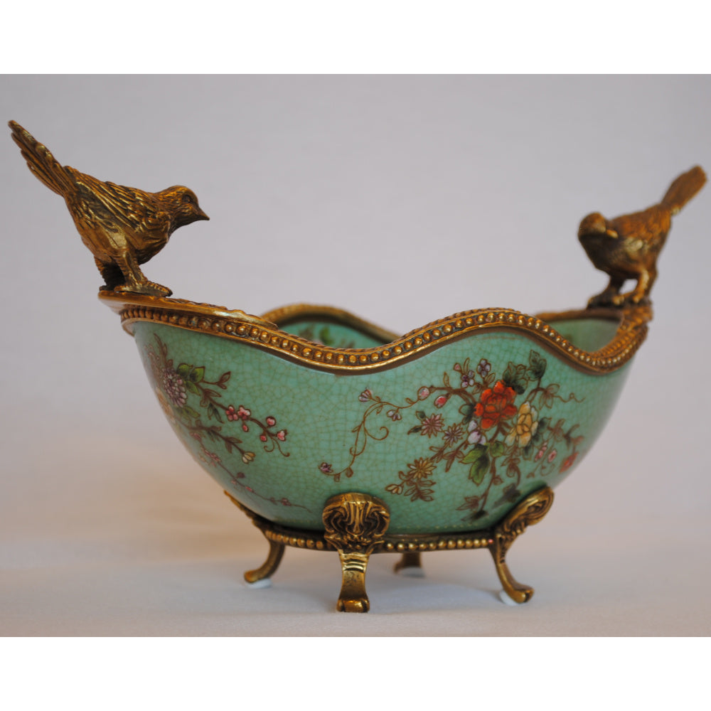 コンポート 鳥 陶磁器 真鍮 小物入れ 脚付き 雑貨 オーバル 楕円 アンティーク調 シノワズリー 菓子器 インテリア雑貨 1564036