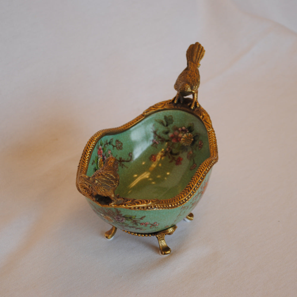 コンポート 鳥 陶磁器 真鍮 小物入れ 脚付き 雑貨 オーバル 楕円 アンティーク調 シノワズリー 菓子器 インテリア雑貨 1564036