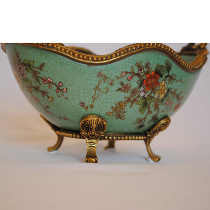 コンポート 鳥 陶磁器 真鍮 小物入れ 脚付き 雑貨 オーバル 楕円 アンティーク調 シノワズリー 菓子器 インテリア雑貨 1564036