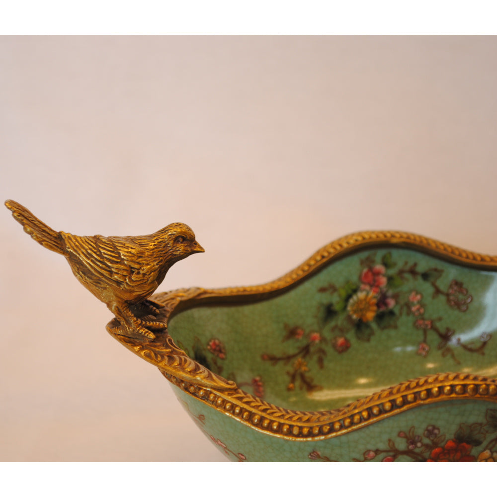 コンポート 鳥 陶磁器 真鍮 小物入れ 脚付き 雑貨 オーバル 楕円 アンティーク調 シノワズリー 菓子器 インテリア雑貨 1564036