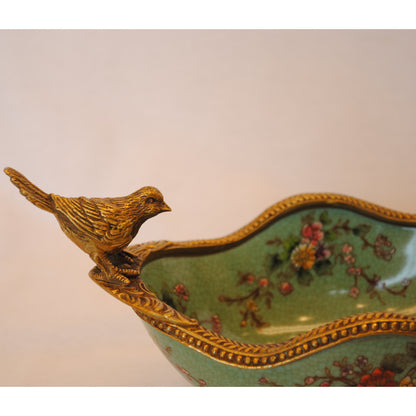 コンポート 鳥 陶磁器 真鍮 小物入れ 脚付き 雑貨 オーバル 楕円 アンティーク調 シノワズリー 菓子器 インテリア雑貨 1564036