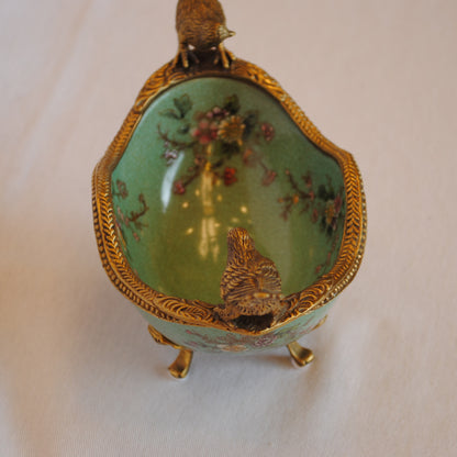 コンポート 鳥 陶磁器 真鍮 小物入れ 脚付き 雑貨 オーバル 楕円 アンティーク調 シノワズリー 菓子器 インテリア雑貨 1564036