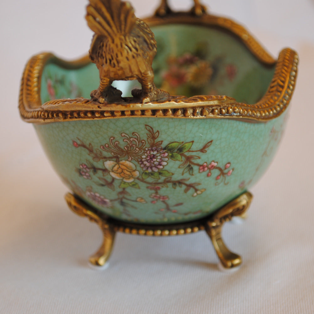 コンポート 鳥 陶磁器 真鍮 小物入れ 脚付き 雑貨 オーバル 楕円 アンティーク調 シノワズリー 菓子器 インテリア雑貨 1564036