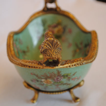 コンポート 鳥 陶磁器 真鍮 小物入れ 脚付き 雑貨 オーバル 楕円 アンティーク調 シノワズリー 菓子器 インテリア雑貨 1564036