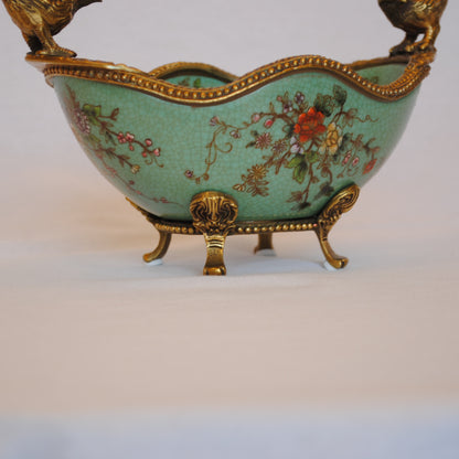 コンポート 鳥 陶磁器 真鍮 小物入れ 脚付き 雑貨 オーバル 楕円 アンティーク調 シノワズリー 菓子器 インテリア雑貨 1564036