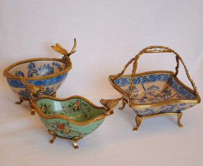 コンポート 鳥 陶磁器 真鍮 小物入れ 脚付き 雑貨 オーバル 楕円 アンティーク調 シノワズリー 菓子器 インテリア雑貨 1564036